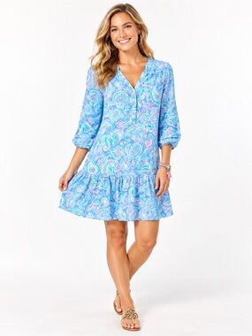 Lilly Pulitzer Bingley Dress XL Blue Pink Paisley Ruffle Hem
